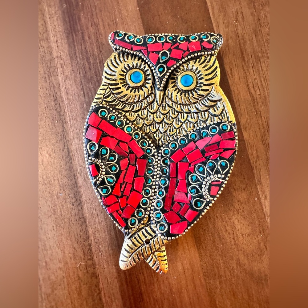 Artisan Nepal Mosaic Owl Incense Holder- Red